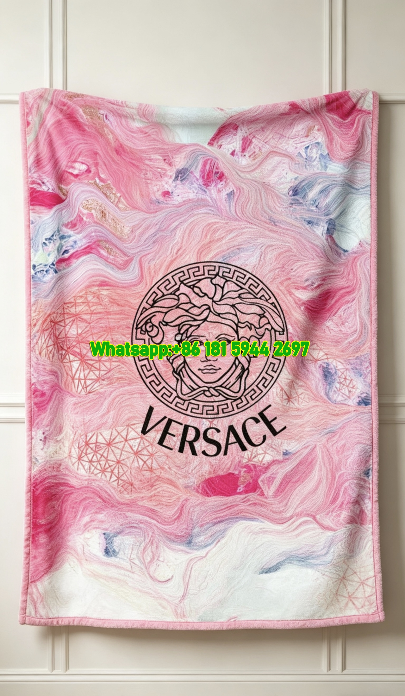 Pastel Pink Versace Watercolor Swirl Medusa Print Fleece Throw Blanket IMG_1378